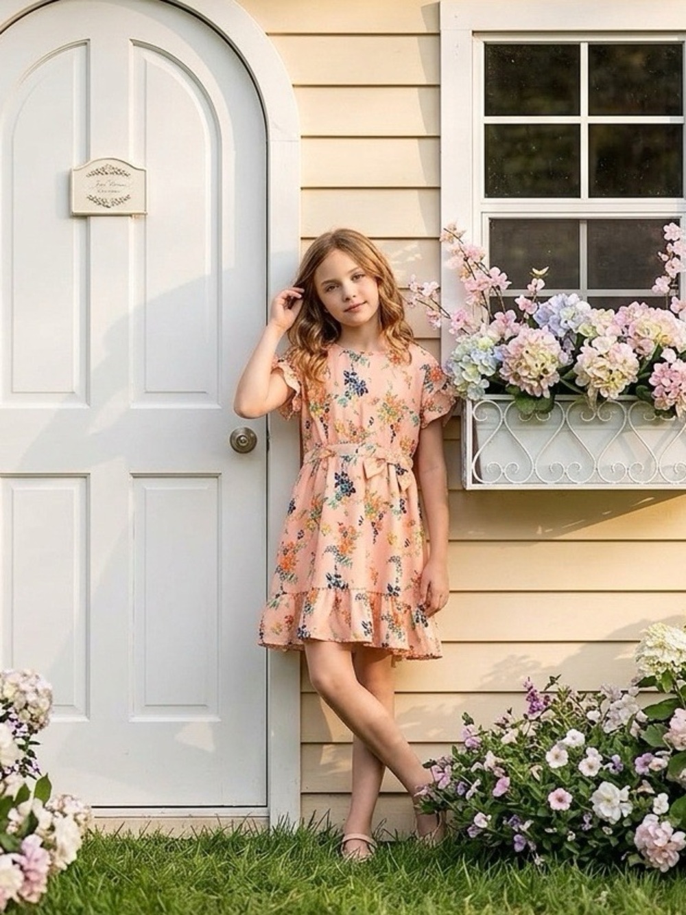 Charming Janie & Jack Peach Floral Dress Girls Size 6